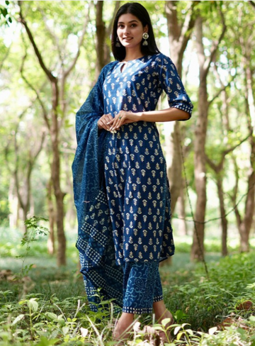 Blue and white printed Kurta set